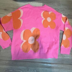 One Eleven North Pink Floral Intarsia Knit Crewneck Sweater Womens Small Orange